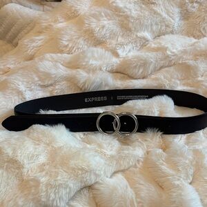 Express Black Double-Ring Faux Leather Belt with Silver Buckles